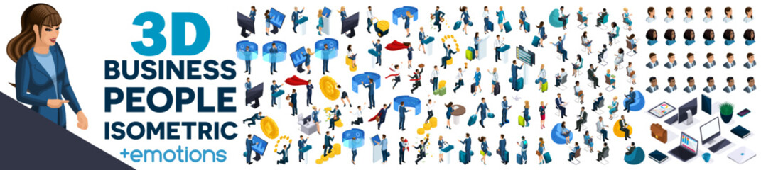 Wall Mural - large set of isometric, 3d businessmen and businesswomen with gadgets . and set emotions. front and 