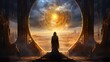 Cloaked figure before a cosmic orb - A cloaked figure stands before a grand cosmic orb within a majestic doorway, symbolizing an epic quest or enlightenment