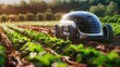 A sleek autonomous car navigates rows of crops, its sensors meticulously monitoring soil moisture and nutrient levels in a futuristic smart farm.