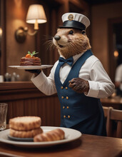 Anthropomorphic Beaver Man In Work Uniform Works As A Waiter In A Fashionable Restaurant