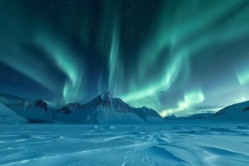 Canvas Print - Aurora polar lights with snowy mountain landscape