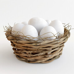 A chicken eggs rests gently within a rustic wooden basket