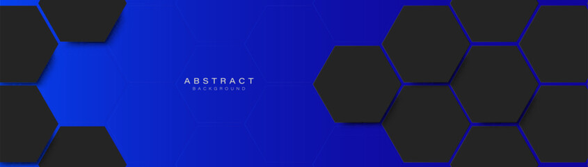 Wall Mural - Abstract Futuristic technology banner. Abstract black hexagon on blue background. Vector illustration