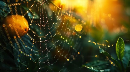 Water drops rain dew close-up macro on spiderweb.
