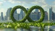 An eco-friendly business continuity concept in manufacturing, featuring a lush green infinity symbol crafted from grass, representing sustainable practices and endless growth in the industry.