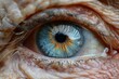Close-up view of an aged human eye, highlighting deep iris patterns and wrinkled skin, embodying wisdom and the passage of time.