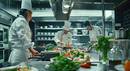 Wall Mural -  a kitchen scene with chefs in white uniforms cooking and preparing dishes on large surfaces, surrounded by stainless steel appliances and fresh vegetables