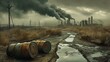 Abandoned oil drums, chemical plants emitting black smoke, polluted land, hazy skies, foul smelling ditches.Disorderly discharge of pollutants from chemical enterprises