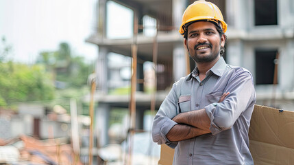 An Indian construction engineer, posing in a helmet and checkered shirt, with a building under construction behind.