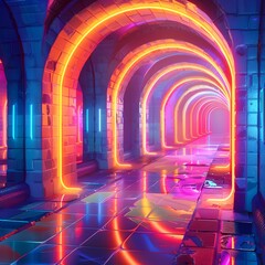 Poster - Vibrant Neon Lights in a Futuristic Architectural Tunnel