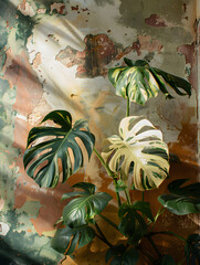 Wall Mural - Giant Monstera Variegata plant shot growing on an old wall with painted Renaissance frescoes,Generative AI