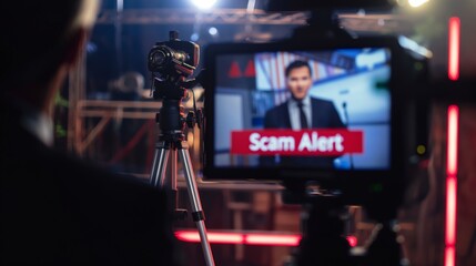 Scam alert on TV screen, new anchor and news report