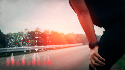 Wall Mural - Women resting after running on the road, set to goal, Running statistics icon. silhouette color style, selective and soft focus.