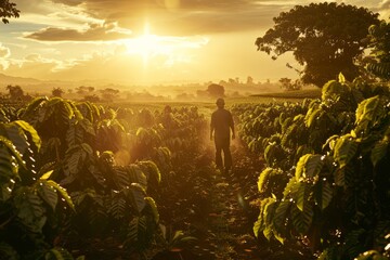 Wall Mural - A person walking diagonally through rows of crops in a vast field