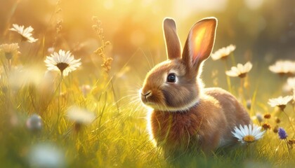 Wall Mural - cute little rabbit for easter spring holiday spring holiday banner illustration nice rabbit sitting on the meadow grass grass spring flower meadow