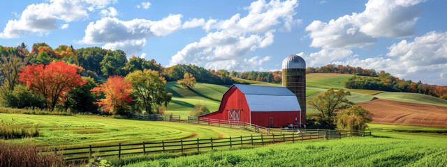 Wall Mural - a red barn sits in a lush green field