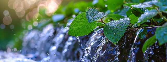 Wall Mural - A stream of water is flowing over a rock, with leaves on the rock