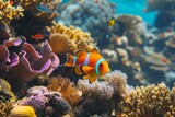 Fototapeta Do akwarium - A colorful fish swimming in a coral reef. The coral is brightly colored and there are other fish visible in the background.