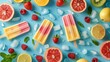 Sunlit flat lay of colorful ice pops and fresh fruits scattered on blue surface