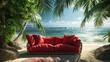 Red sofa under palm trees offers an unexpected seaside comfort