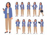 Fototapeta Panele - Set of business woman character in various actions on white background. A woman with a phone and a laptop