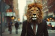 a lion wearing a business suit walking in the streets, animal themes, Generative AI