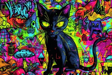 Wall Mural - A colorful illustration of Cat on witch character, whimsical wizard cat, Generative AI