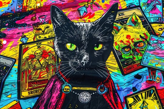 A colorful illustration of Cat on witch character, whimsical wizard cat, Generative AI