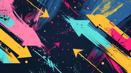 Abstract background with dynamic arrows and paint splashes. The design features a vibrant clash of colors including blue, pink, yellow, and teal, creating a sense of energy and movement.