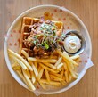 karaage chicken on waffle with fries and Mayo