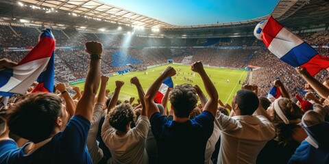 A lively crowd of fans with arms raised enthusiastically watch a soccer game in a vibrant stadium, amidst the green grass of a sport venue. AIG41