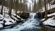 A majestic waterfall, swollen with melting snow, cascades through a forest vibrant with the life of spring Generative AI