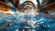 An immersive 3D view inside a tube slide, water splashing around, simulating an exhilarating ride