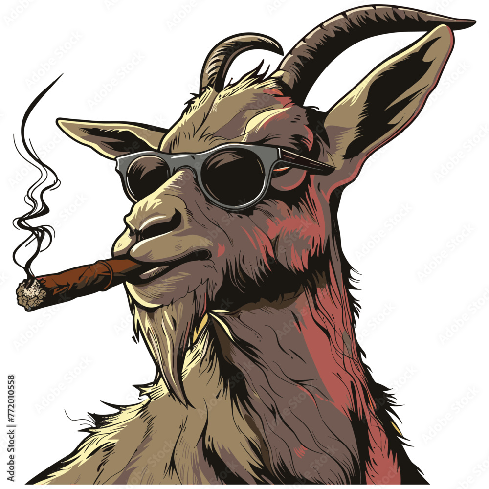 head of a goat. a goat smoking and wearing sunglasses is depicted in a  cartoon vector style. Stock Vector