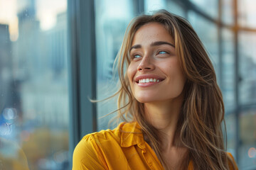 Caucasian business woman happy in modern office looking at the future