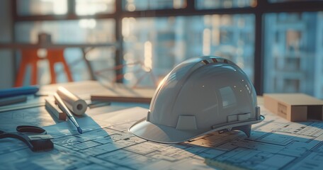 Wall Mural - Blueprints with safety helmet, close view, soft morning light, macro lens, detailed preparation. 