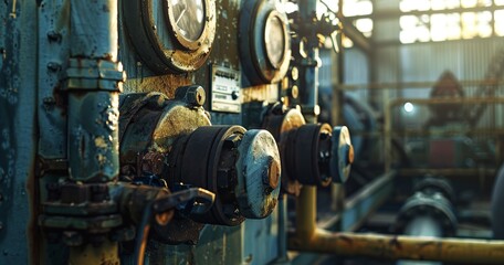 Wall Mural - Hydraulic machinery controls, close-up, afternoon light, wide angle, operational clarity. 