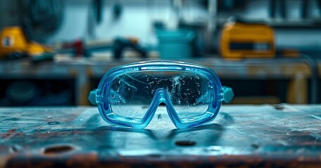 Wall Mural - Close-up of safety goggles on a workbench, indoor light, macro lens, clarity on eye protection. 