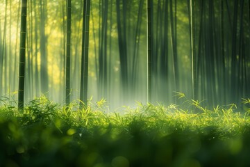  Tranquil bamboo forest, sunlight filtering through tall, slender stalks.