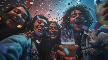 Wall Mural - Joyful Friends Celebrating with Confetti and Drinks, Group Selfie Moment, Casual Party Atmosphere Captured, Energetic Youth Enjoying Night Out. AI