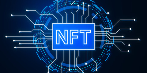 Poster - Creative glowing blue nft circuit hologram on dark background. Non fungible token and cryptocurrency concept. 3D Rendering.