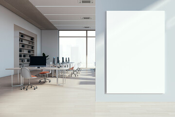 Aufkleber - Modern coworking office interior with empty white mock up billboard, furniture, windows and equipment. Workplace concept. 3D Rendering.