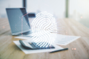 Poster - Double exposure of virtual creative fingerprint hologram on blurry calculator with laptop background, research and development concept