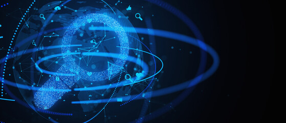 Fototapete - Digital global network and data exchange concept in blue neon on a dark background with nodal points and icons. 3D Rendering