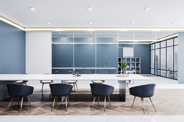 Poster - Modern meeting room with a long table, chairs, and glass partition, on a cityscape background, concept of a corporate business environment. 3D Rendering