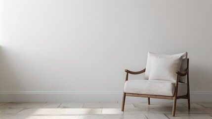 Wall Mural - classic wooden chair with a white cushion sits against a plain wall. minimalist interior design piec