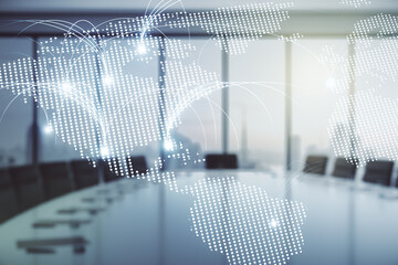 Aufkleber - Double exposure of abstract digital world map hologram with connections on a modern meeting room background, research and strategy concept