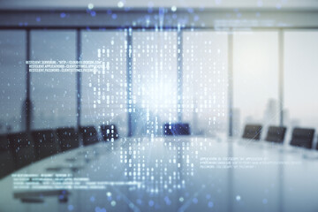 Poster - Abstract virtual creative code skull hologram on a modern boardroom background, theft of personal data and malware concept. Multiexposure