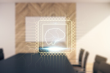 Poster - Double exposure of creative human brain microcircuit hologram on a modern boardroom background. Future technology and AI concept