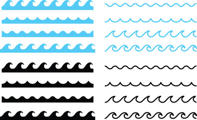 Fototapete - Set of waves icons in fill flat styles. Wave illustration signs can be used for web, mobile app. Ocean symbols. Water sea elements, Ocean liquid curve flowing swirl storm on transparent background.